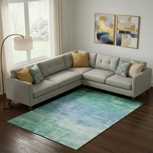 HomeRoots 10' X 14' Teal & Aqua Striped Area Rug - Durable, Washable, UV-Protected for Stylish Indoor & Outdoor Use 693888