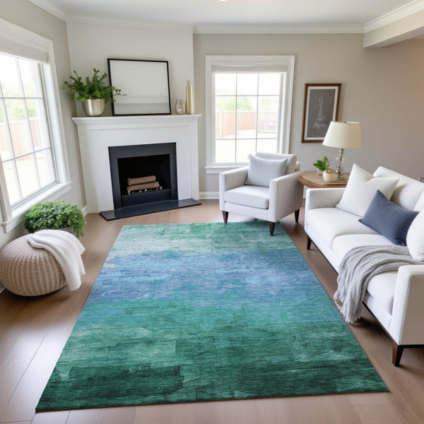 HomeRoots 10' X 14' Teal & Aqua Striped Area Rug - Durable, Washable, UV-Protected for Stylish Indoor & Outdoor Use 693888