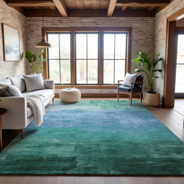 HomeRoots 10' X 14' Teal & Aqua Striped Area Rug - Durable, Washable, UV-Protected for Stylish Indoor & Outdoor Use 693888