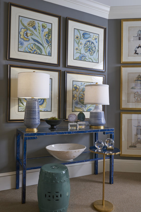 Chelsea House Hive Cobalt Blue Glazed Porcelain Table Lamp With Antique Gold Leaf Base, Off-White Linen Shade, 28.5" 69389