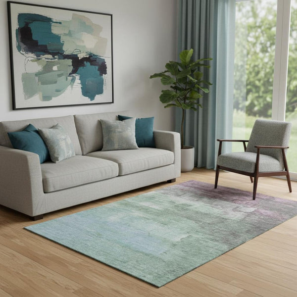 HomeRoots 5' Abstract Washable Area Rug in Artichoke Green, Pale Aqua & Blush - Stain Resistant, UV Protected Decor 693896