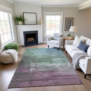 HomeRoots 5' Abstract Washable Area Rug in Artichoke Green, Pale Aqua & Blush - Stain Resistant, UV Protected Decor 693896