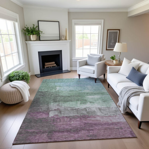 HomeRoots 5' Abstract Washable Area Rug in Artichoke Green, Pale Aqua & Blush - Stain Resistant, UV Protected Decor 693896