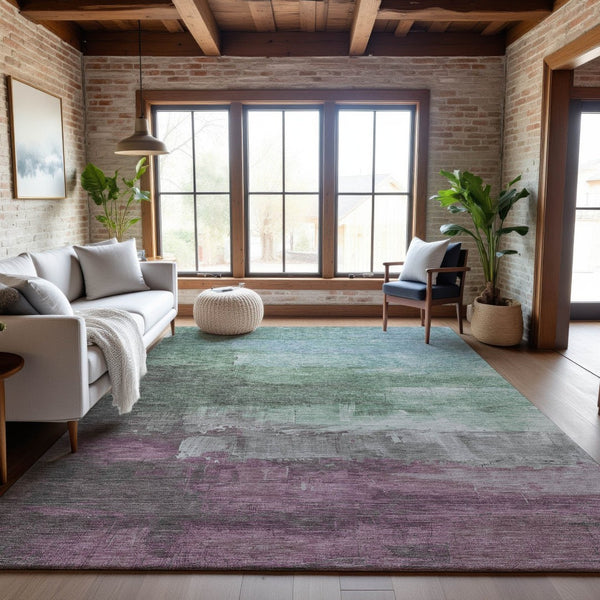 HomeRoots 5' Abstract Washable Area Rug in Artichoke Green, Pale Aqua & Blush - Stain Resistant, UV Protected Decor 693896
