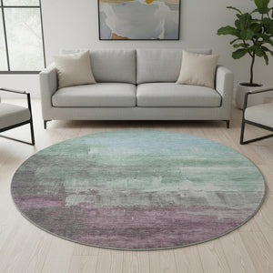 HomeRoots 8' X 8' Washable Round Rug in Artichoke Green, Aqua & Blush - Stylish, Durable & UV Protected Design! 693897