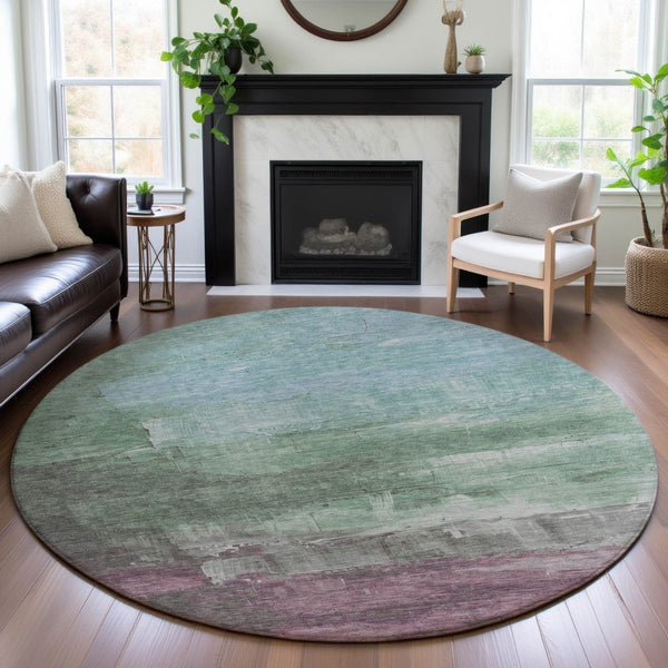 HomeRoots 8' X 8' Washable Round Rug in Artichoke Green, Aqua & Blush - Stylish, Durable & UV Protected Design! 693897