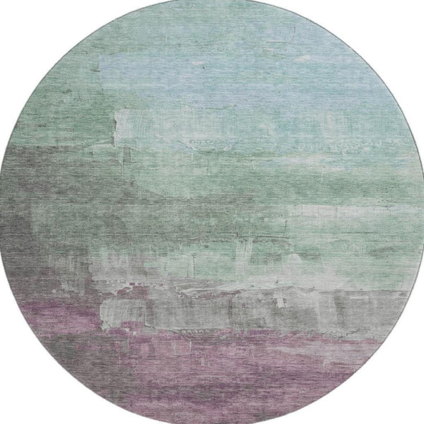 HomeRoots 8' X 8' Washable Round Rug in Artichoke Green, Aqua & Blush - Stylish, Durable & UV Protected Design! 693897
