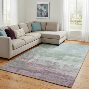 HomeRoots 8' Oversized Abstract Area Rug in Artichoke Green, Aqua & Blush - Washable, UV Protected, Durable Design 693898