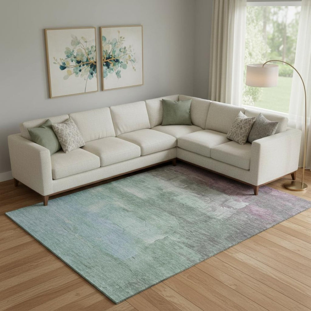 HomeRoots 9' X 12' Abstract Area Rug in Artichoke Green, Aqua, & Blush – Washable, UV Protected & Stain Resistant 693899