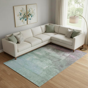 HomeRoots 10' X 14' Abstract Area Rug in Artichoke Green, Pale Aqua & Blush - Washable, UV Protected & Stylish! 693900