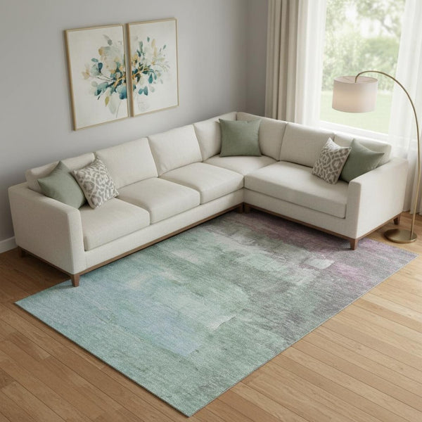 HomeRoots 10' X 14' Abstract Area Rug in Artichoke Green, Pale Aqua & Blush - Washable, UV Protected & Stylish! 693900