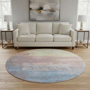 HomeRoots 8' X 8' Modern Abstract Washable Round Rug in Beige, Salmon & Blue – Durable, UV Protected & Stylish 693903