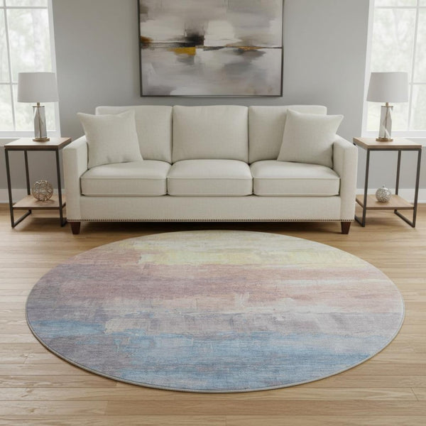 HomeRoots 8' X 8' Modern Abstract Washable Round Rug in Beige, Salmon & Blue – Durable, UV Protected & Stylish 693903