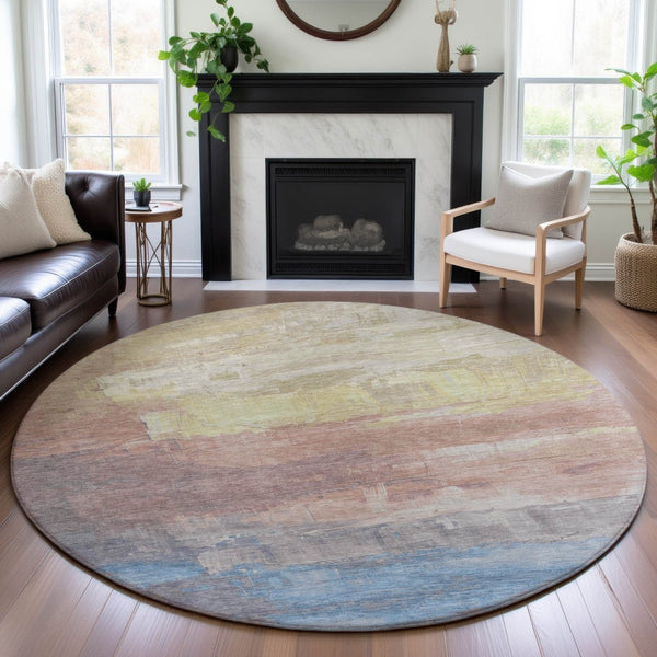HomeRoots 8' X 8' Modern Abstract Washable Round Rug in Beige, Salmon & Blue – Durable, UV Protected & Stylish 693903