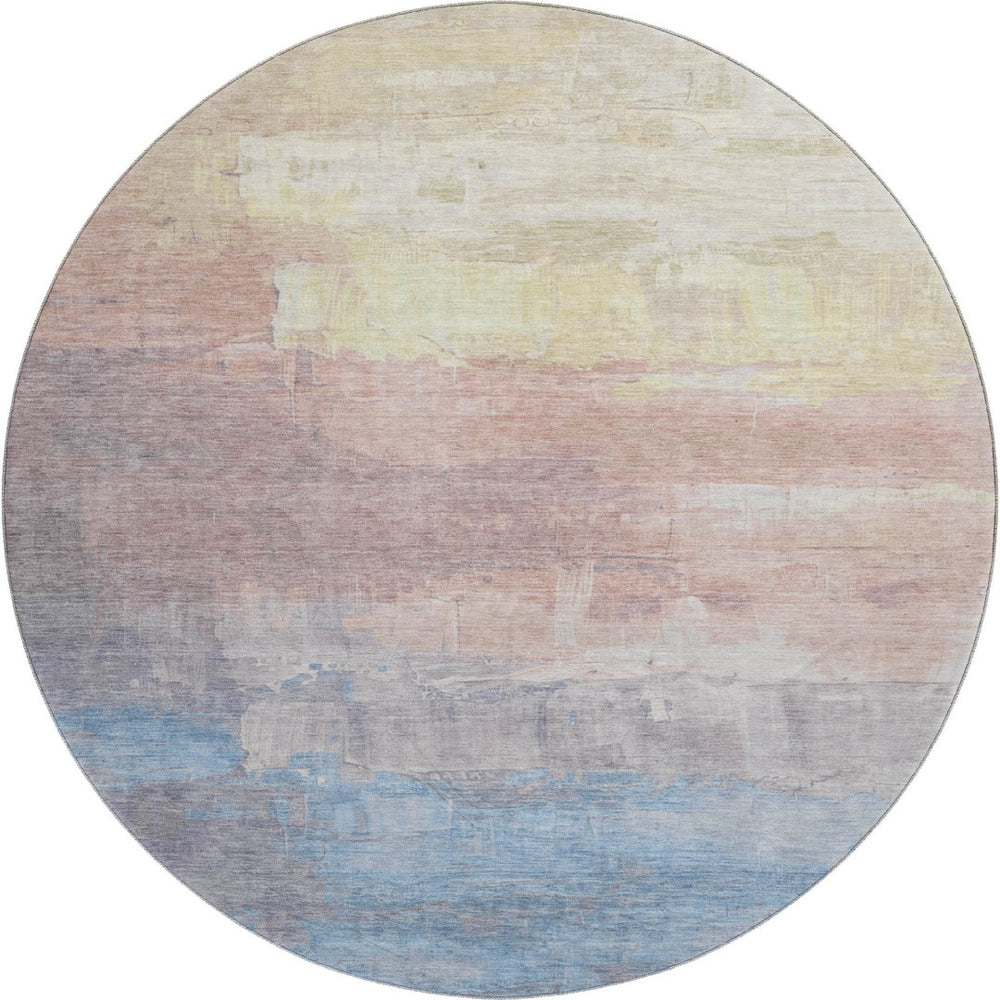 HomeRoots 8' X 8' Modern Abstract Washable Round Rug in Beige, Salmon & Blue – Durable, UV Protected & Stylish 693903