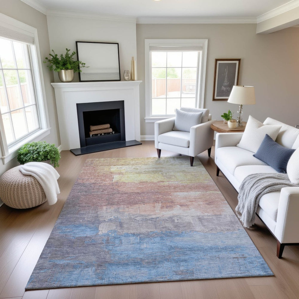 HomeRoots 9' X 12' Washable Area Rug - Soft Beige with Salmon & Blue Abstract Design, UV Protected & Durable 693905