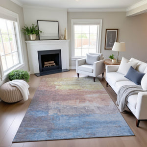 HomeRoots 9' X 12' Washable Area Rug - Soft Beige with Salmon & Blue Abstract Design, UV Protected & Durable 693905