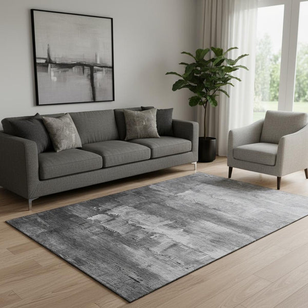 HomeRoots 5' X 8' Modern Gray Silver Charcoal Abstract Washable Area Rug with UV Protection & Non-Slip Backing 693908