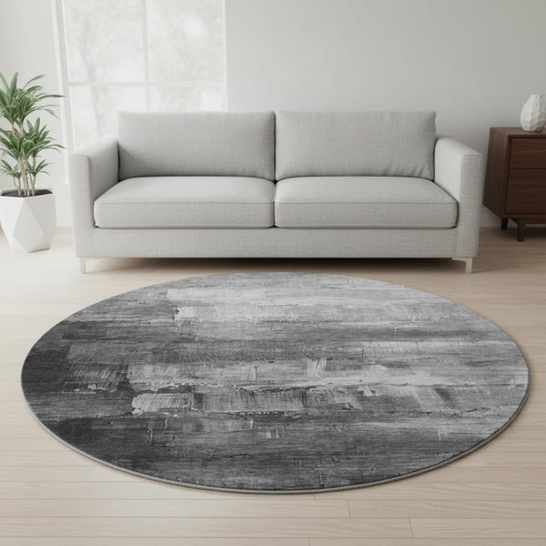 HomeRoots 8' X 8' Modern Gray Silver Charcoal Abstract Washable Round Rug with UV Protection & Non-Slip Backing 693909