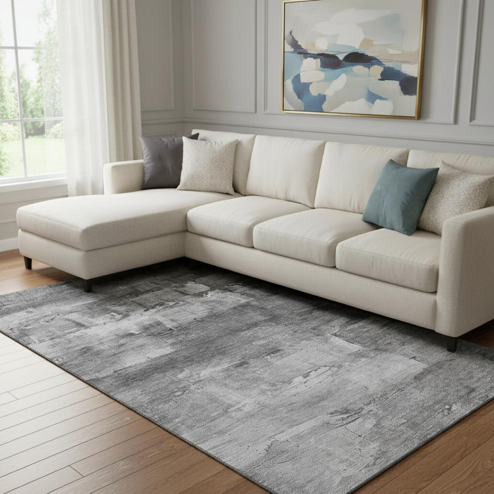 HomeRoots 8' Gray Silver and Charcoal Abstract Area Rug - Washable, UV-Protected, Stain-Resistant Design for Homes 693910