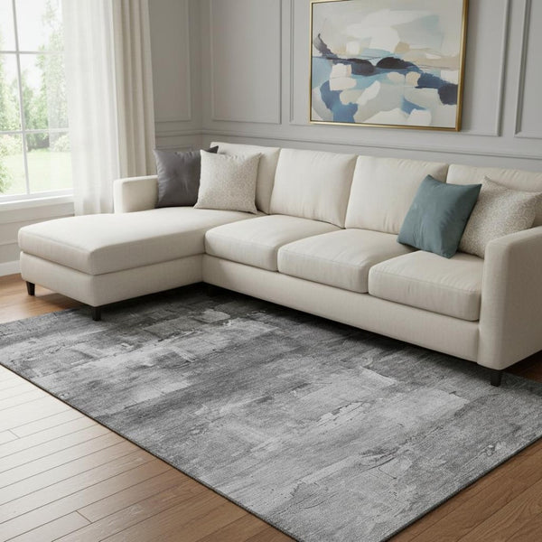 HomeRoots 8' Gray Silver and Charcoal Abstract Area Rug - Washable, UV-Protected, Stain-Resistant Design for Homes 693910