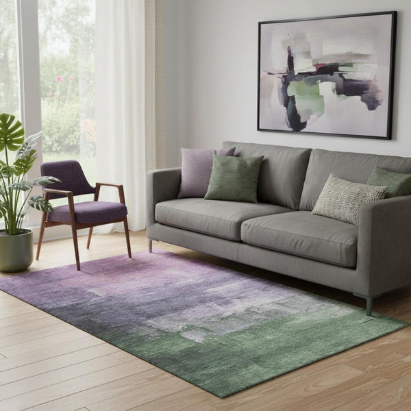 HomeRoots 5' Lavender & Green Abstract Area Rug - Modern, Washable, UV-Protected, Stain-Resistant & Non-Slip 693914