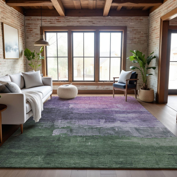 HomeRoots 5' Lavender & Green Abstract Area Rug - Modern, Washable, UV-Protected, Stain-Resistant & Non-Slip 693914