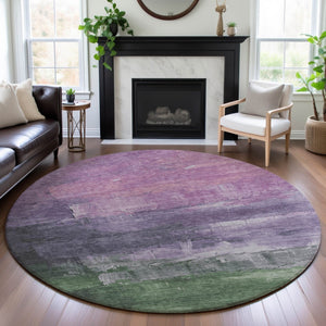 HomeRoots 8' X 8' Contemporary Lavender & Green Abstract Round Rug - Washable, UV Protected, Durable Design 693915