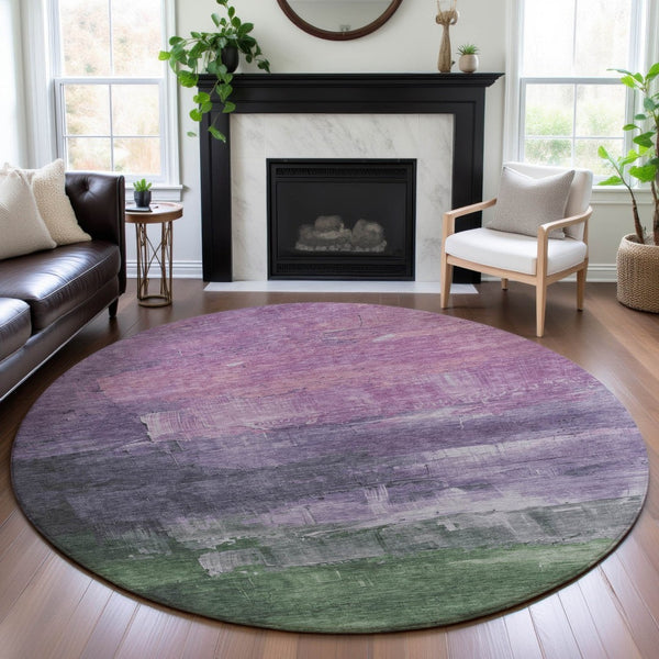 HomeRoots 8' X 8' Contemporary Lavender & Green Abstract Round Rug - Washable, UV Protected, Durable Design 693915