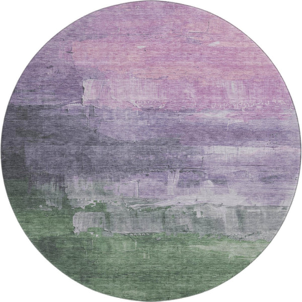 HomeRoots 8' X 8' Contemporary Lavender & Green Abstract Round Rug - Washable, UV Protected, Durable Design 693915