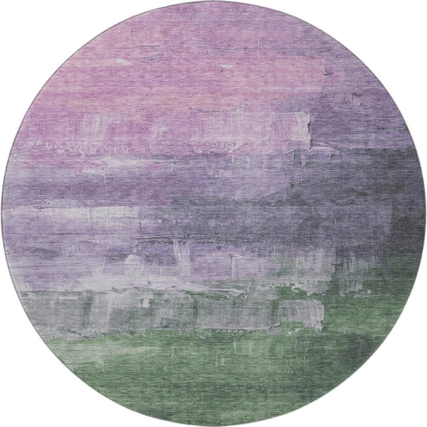 HomeRoots 8' X 8' Contemporary Lavender & Green Abstract Round Rug - Washable, UV Protected, Durable Design 693915
