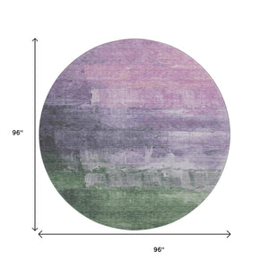 HomeRoots 8' X 8' Contemporary Lavender & Green Abstract Round Rug - Washable, UV Protected, Durable Design 693915