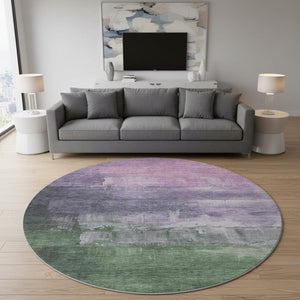 HomeRoots 8' X 8' Contemporary Lavender & Green Abstract Round Rug - Washable, UV Protected, Durable Design 693915