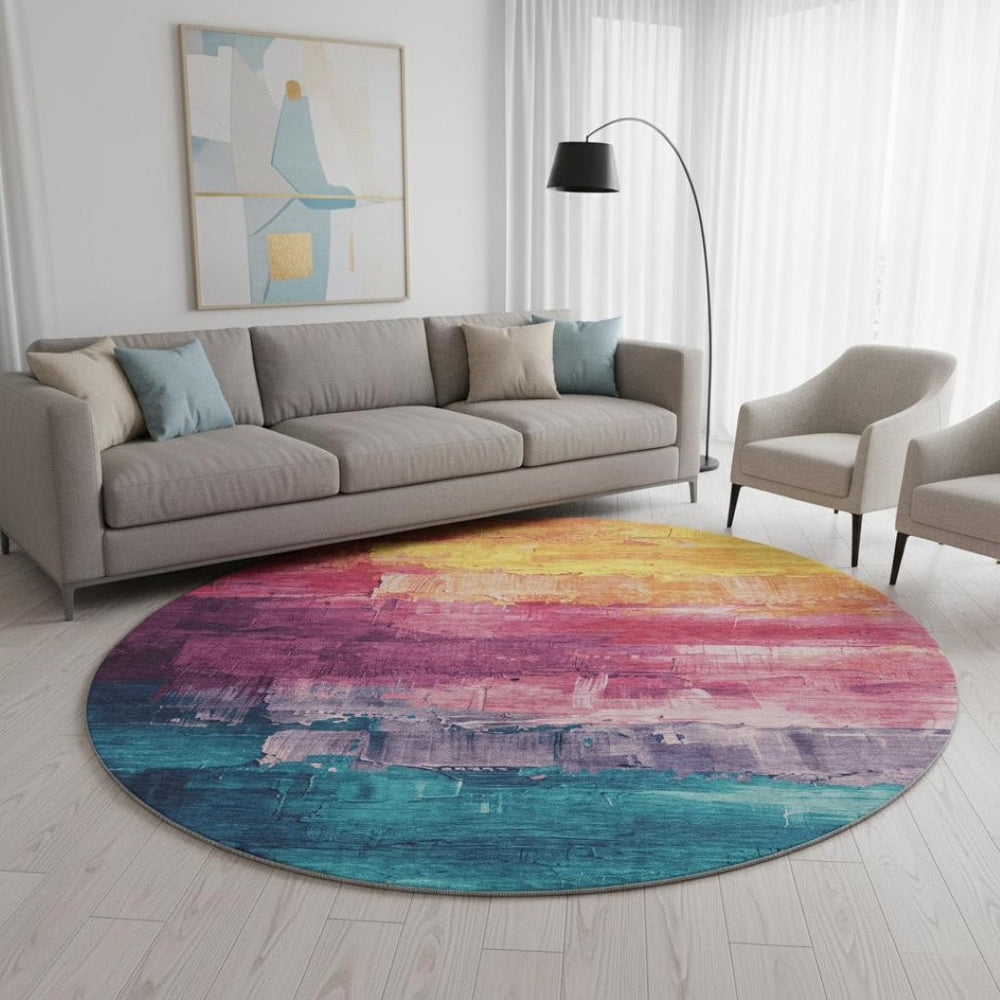 HomeRoots 8' Round Washable Abstract Rug in Merlot Gold Blue Purple - Stain-Resistant with UV Protection 693921