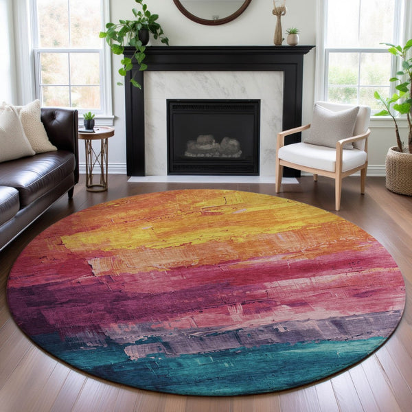 HomeRoots 8' Round Washable Abstract Rug in Merlot Gold Blue Purple - Stain-Resistant with UV Protection 693921