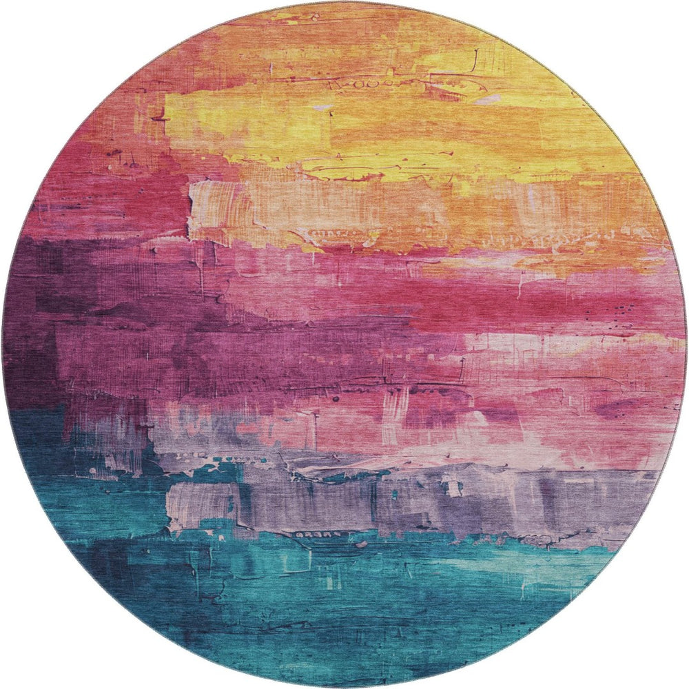 HomeRoots 8' Round Washable Abstract Rug in Merlot Gold Blue Purple - Stain-Resistant with UV Protection 693921