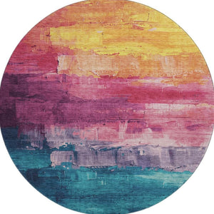HomeRoots 8' Round Washable Abstract Rug in Merlot Gold Blue Purple - Stain-Resistant with UV Protection 693921