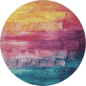 HomeRoots 8' Round Washable Abstract Rug in Merlot Gold Blue Purple - Stain-Resistant with UV Protection 693921