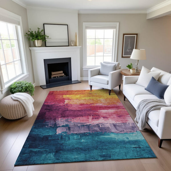 HomeRoots 9' X 12' Washable Merlot Gold Blue Purple Area Rug - Abstract Design with UV Protection & Stain Resistance 693923