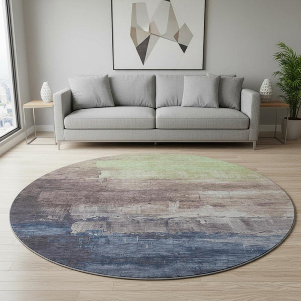 HomeRoots 8' X 8' Round Washable Rug in Coffee Green and Blue - UV Protected, Stain Resistant, Non-Slip Design 693927