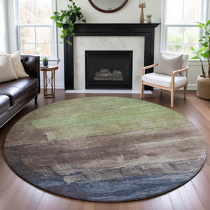 HomeRoots 8' X 8' Round Washable Rug in Coffee Green and Blue - UV Protected, Stain Resistant, Non-Slip Design 693927