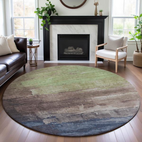 HomeRoots 8' X 8' Round Washable Rug in Coffee Green and Blue - UV Protected, Stain Resistant, Non-Slip Design 693927
