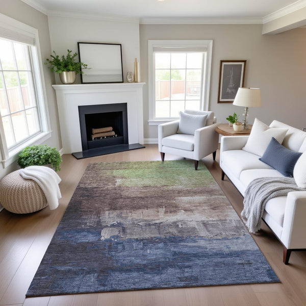 HomeRoots 9' X 12' Versatile Coffee, Green & Blue Abstract Area Rug – Washable, UV Protected & Kid-Friendly! 693929