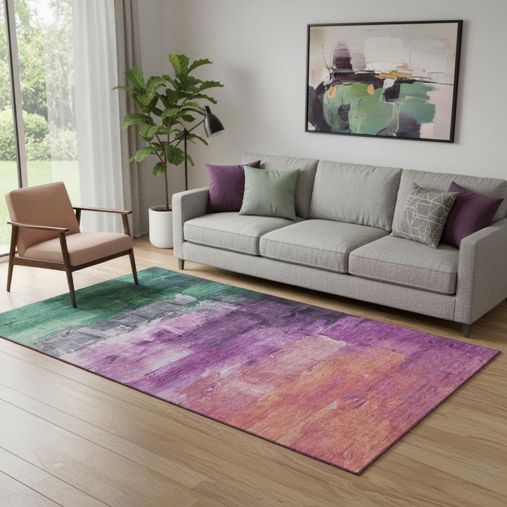 HomeRoots 5' X 8' Washable Purple Emerald Coral Abstract Area Rug with UV Protection for Modern Homes 693932