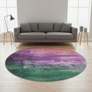 HomeRoots 8' X 8' Abstract Round Rug in Purple, Emerald & Coral | Washable, UV-Protected, Non-Slip Design 693933