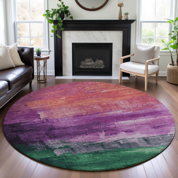 HomeRoots 8' X 8' Abstract Round Rug in Purple, Emerald & Coral | Washable, UV-Protected, Non-Slip Design 693933
