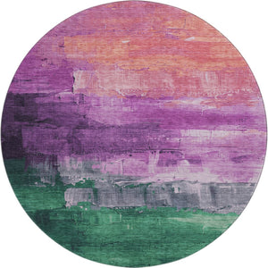 HomeRoots 8' X 8' Abstract Round Rug in Purple, Emerald & Coral | Washable, UV-Protected, Non-Slip Design 693933