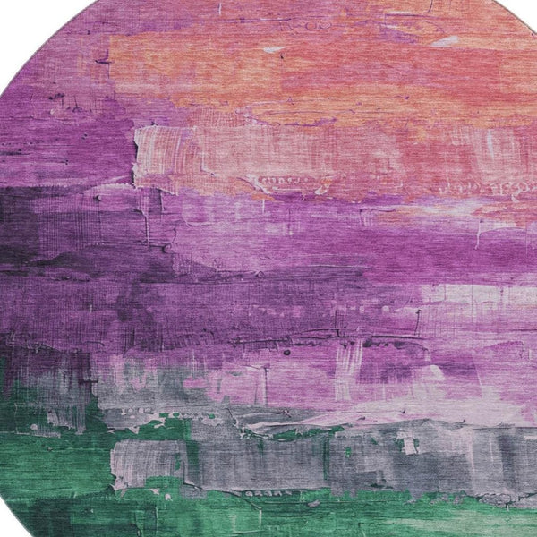 HomeRoots 8' X 8' Abstract Round Rug in Purple, Emerald & Coral | Washable, UV-Protected, Non-Slip Design 693933
