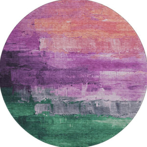 HomeRoots 8' X 8' Abstract Round Rug in Purple, Emerald & Coral | Washable, UV-Protected, Non-Slip Design 693933