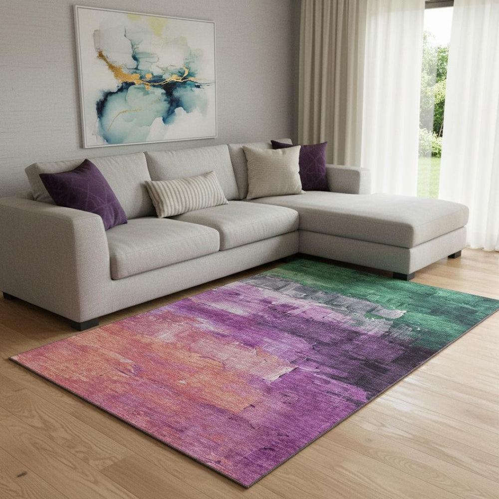 HomeRoots 8' Abstract Area Rug in Purple, Emerald & Coral - Washable, Stain Resistant, UV Protected & Non-Slip 693934
